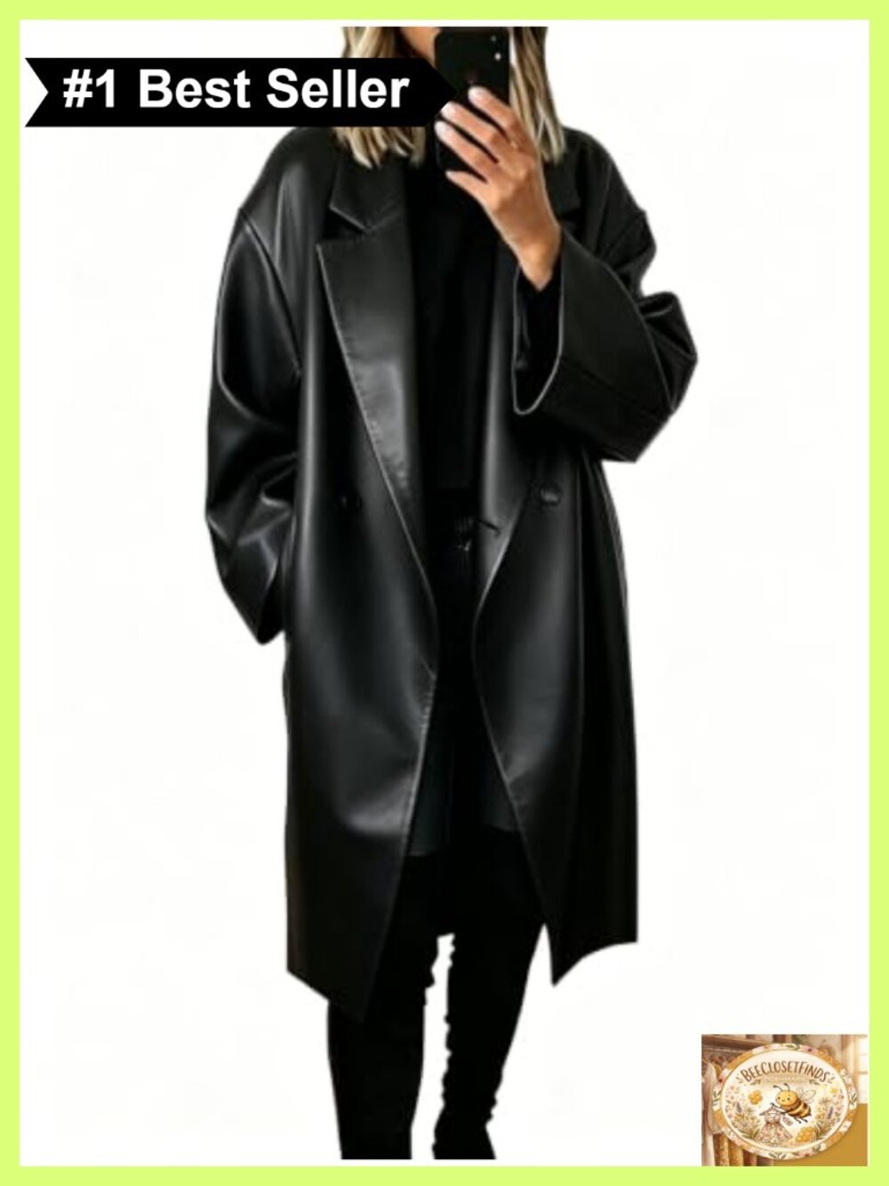 Womens Faux Leather Long Trench Coat Open Front Lapel Knee Length Jacket